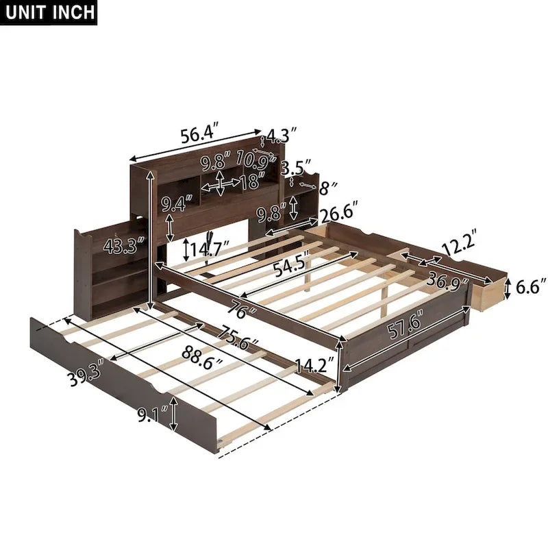 Lit plateforme de rangement avec étagères coulissantes