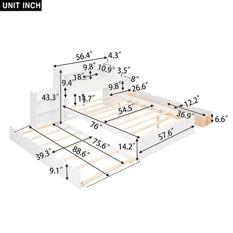 Lit plateforme de rangement avec étagères coulissantes