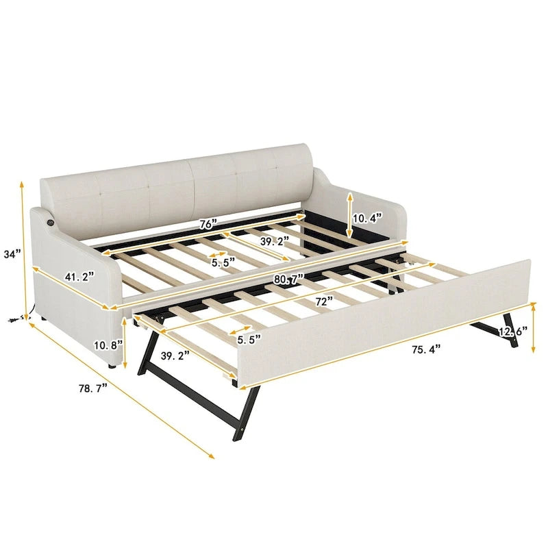 Lit de repos rembourré avec lit gigogne et chargement USB