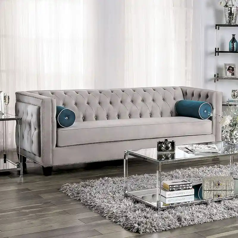 Canapé en tissu aspect velours avec capitonnage à boutons