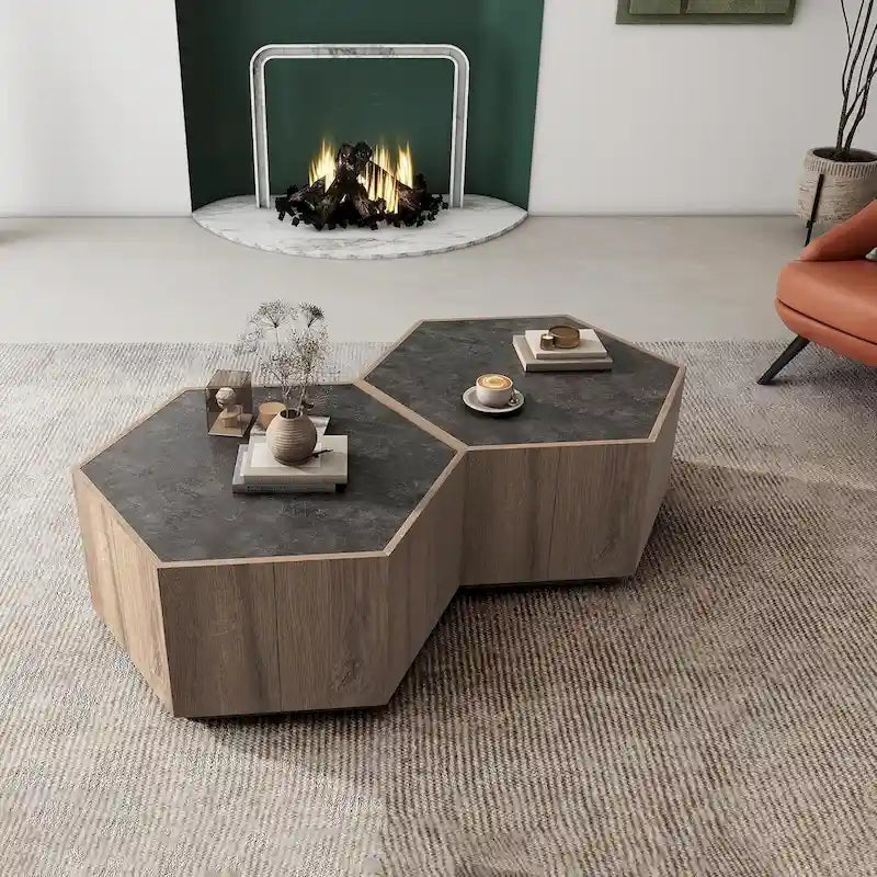 Table à thé hexagonale en chêne clair avec tiroirs