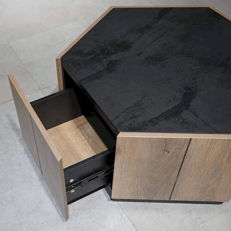 Table à thé hexagonale en chêne clair avec tiroirs