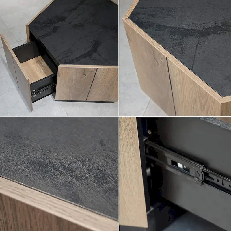 Table à thé hexagonale en chêne clair avec tiroirs