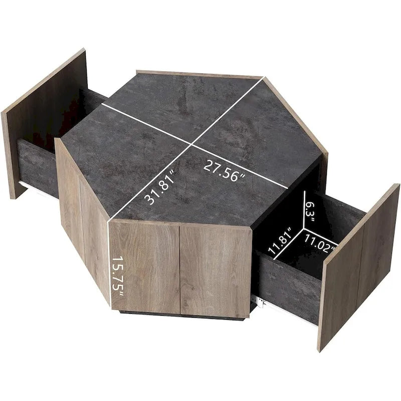 Table à thé hexagonale en chêne clair avec tiroirs