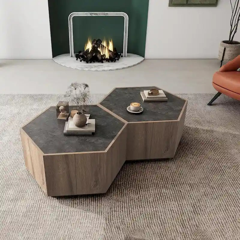 Table à thé hexagonale en chêne clair avec tiroirs