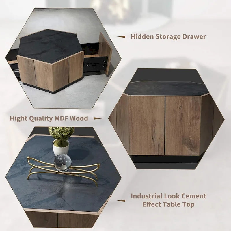 Table à thé hexagonale en chêne clair avec tiroirs