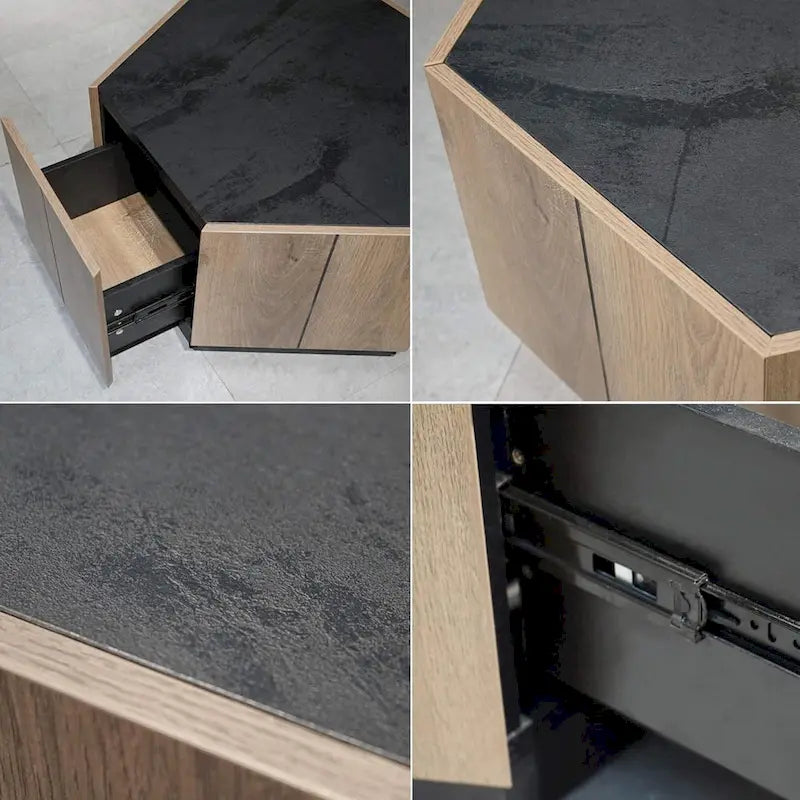 Table à thé hexagonale en chêne clair avec tiroirs