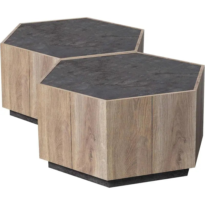 Table à thé hexagonale en chêne clair avec tiroirs