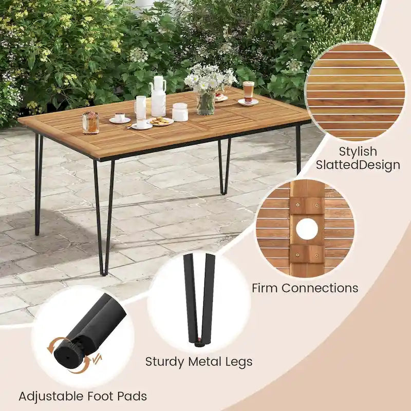 Table à manger d'extérieur avec plateau en bois d'acacia et pieds en métal