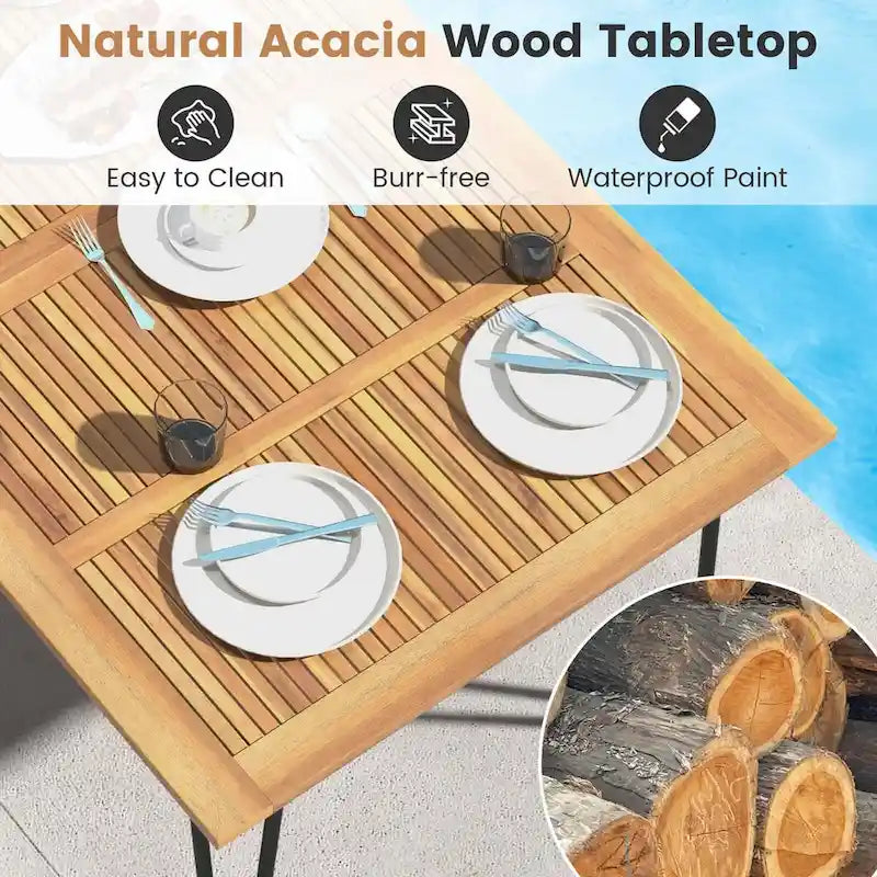 Table à manger d'extérieur avec plateau en bois d'acacia et pieds en métal