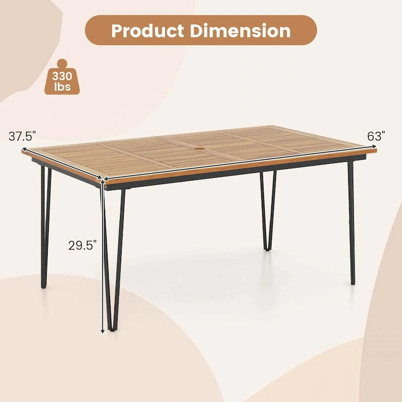 Table à manger d'extérieur avec plateau en bois d'acacia et pieds en métal