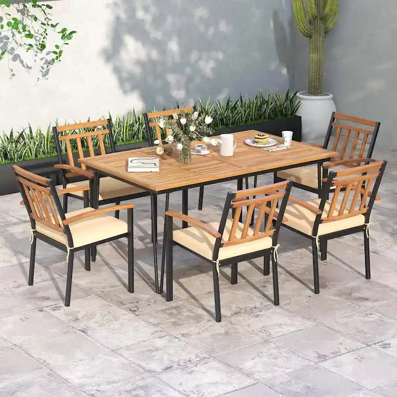 Table à manger d'extérieur avec plateau en bois d'acacia et pieds en métal